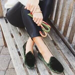 Birdies Olive Green Crushed Velvet Heron Slip On Flats Loafer Shoes Size 7